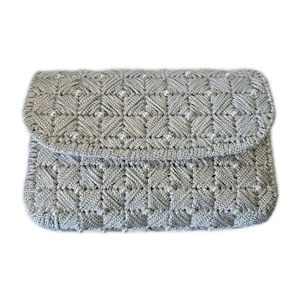 Handmade Silver Metallic Cord Purse Clutchโ Faux Pearl Prom Wedding Accessory 8"